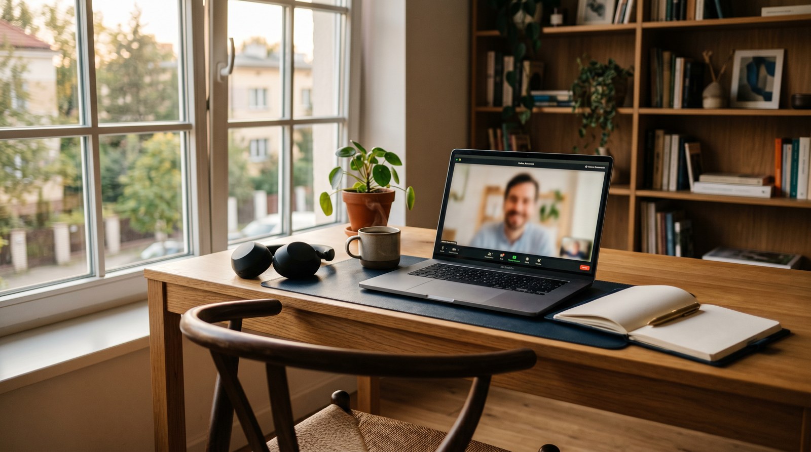 Konsultacja online. Laptop z videocallem na drewnianym biurku